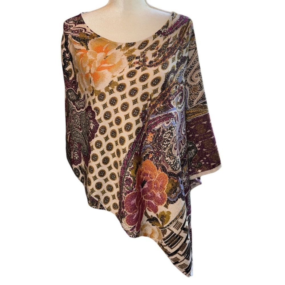Floral Paisley Metallic Glitter Print Asymmetrical Cape #13